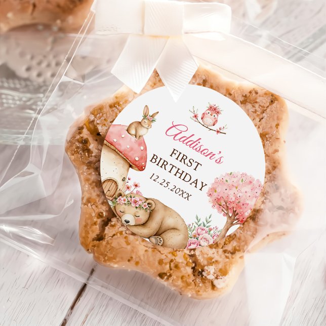 Woodland Animals Girl 1st Birthday Party Classic Round Sticker (Creator Uploaded)