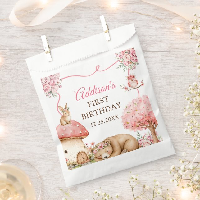 Woodland Animals Girl 1st Birthday Party Favor Bag (Clipped)
