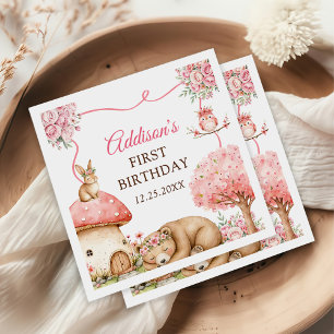 Woodland Animals Girl 1st Birthday Party Napkins