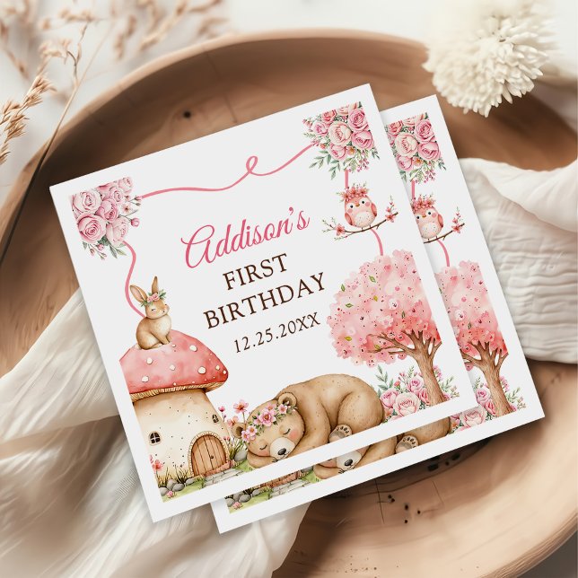 Woodland Animals Girl 1st Birthday Party Napkins (Creator Uploaded)