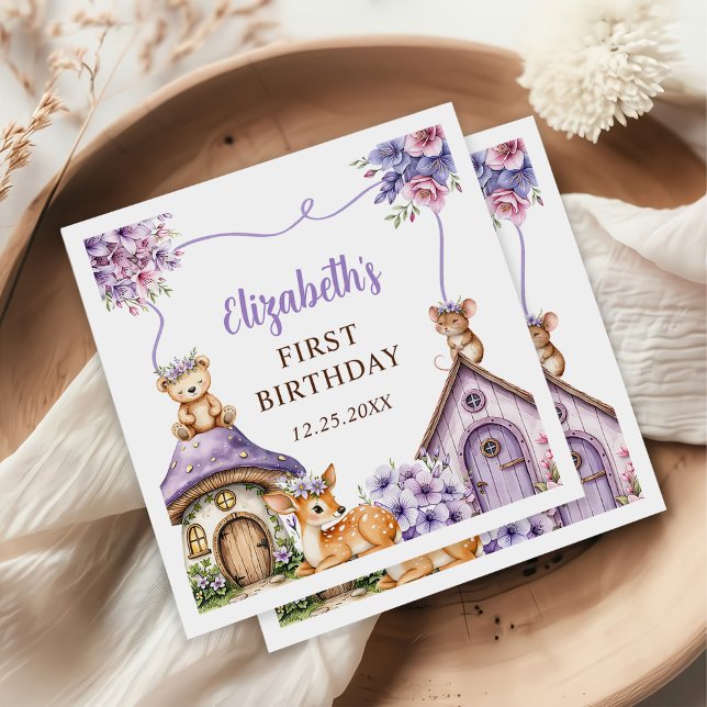 Woodland Animals Girl 1st Birthday Party Napkins (Creator Uploaded)