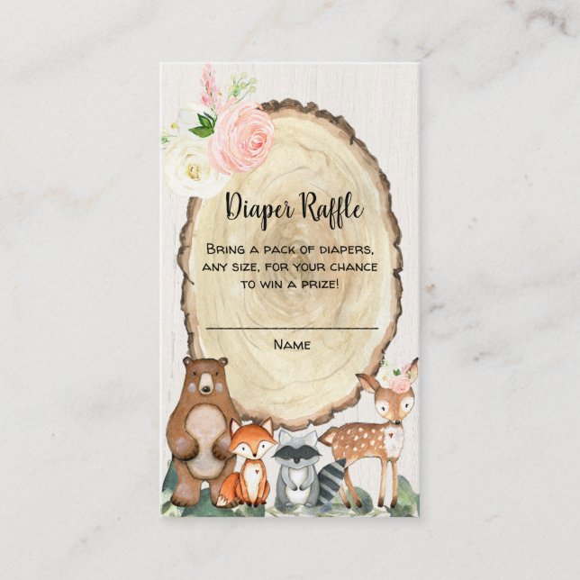 Woodland animals girl baby shower diaper raffle enclosure card (Front)