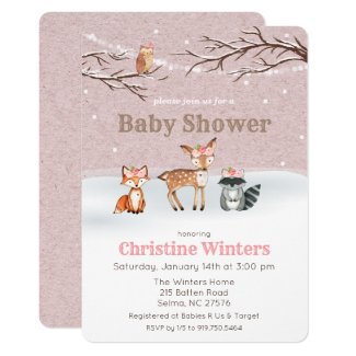 Woodland Animals Girl Baby Shower Invitation