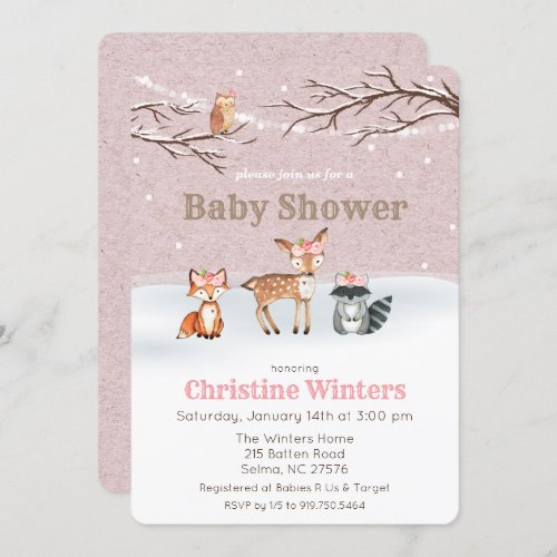 Woodland Animals Girl Baby Shower Invitation