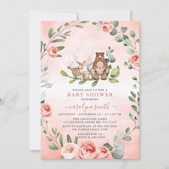  Woodland Animals Girl Baby Shower Invitation (Front)