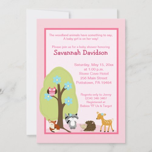 Woodland Animals Girl Baby Shower Invitation