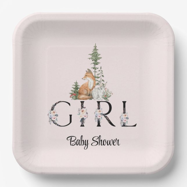 Woodland Animals Girl Baby Shower Paper Plates (Front)