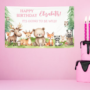 Woodland Animals Girl Birthday  Banner