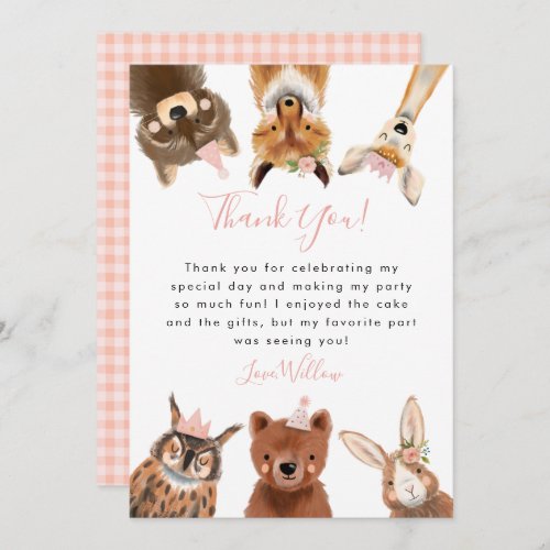 Woodland Animals Girl Birthday Party   Thank You Card