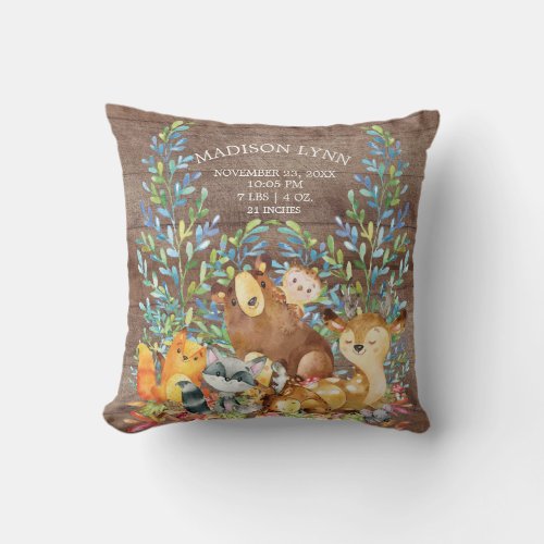 Woodland Animals Girl Boy Birth Stats Pillow