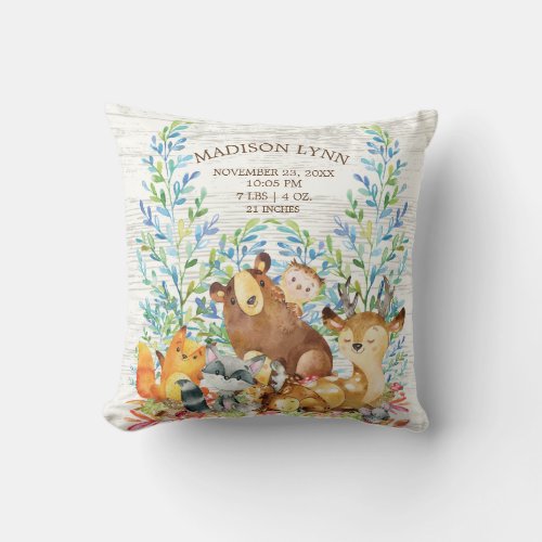 Woodland Animals Girl Boy Birth Stats Pillow