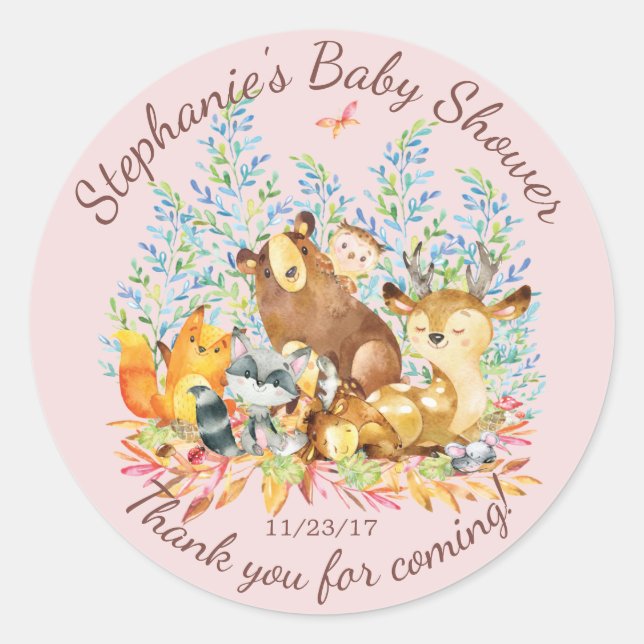 Woodland Animals Girls Baby Shower Favor Sticker (Front)