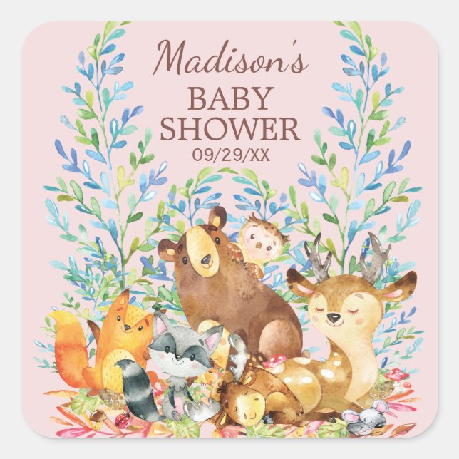 Woodland Animals Girls Baby Shower Favor Sticker (Front)