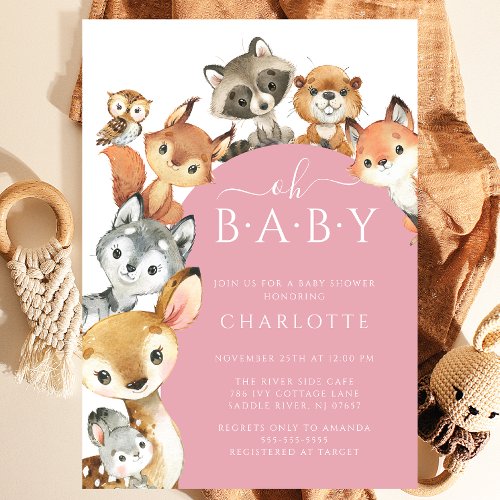 Woodland Animals Girls Baby Shower Invitation