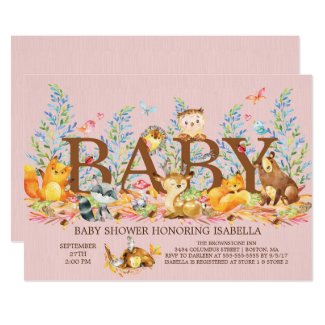 Woodland Animals Girls Baby Shower Invitation