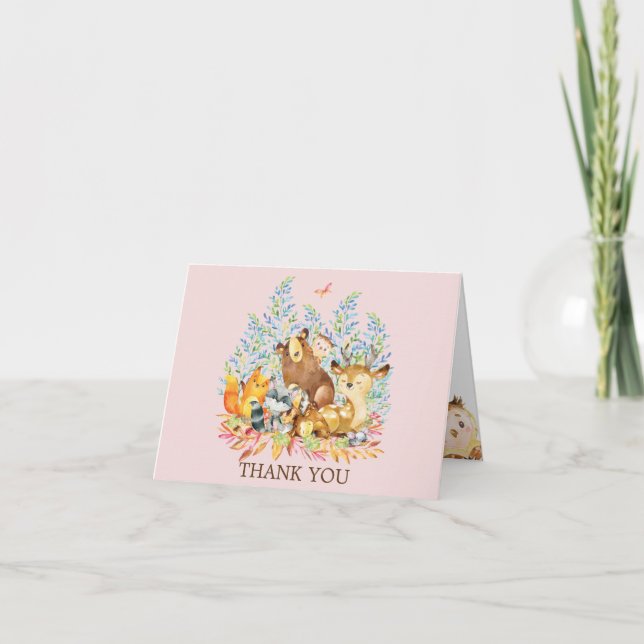 Woodland Animals Girls Baby Shower Thank You Note Card (Front)