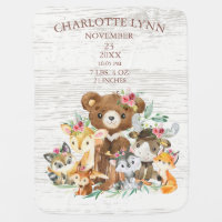 Woodland Animals Girls Birth Stats Blanket