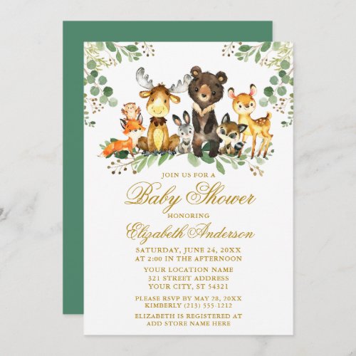 Woodland Animals Gold Script Baby Shower Invitation