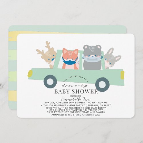 Woodland Animals Green Car Drive_by Baby Shower Invitation