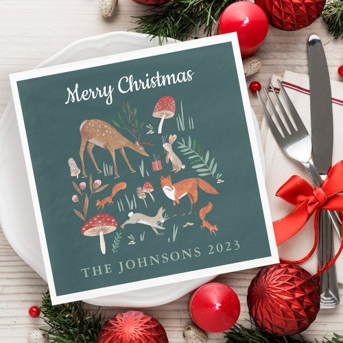 Woodland Animals Green Christmas  Napkins