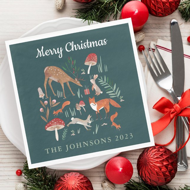 Woodland Animals Green Christmas  Napkins (Cute Woodland Animals Green Christmas Napkins)