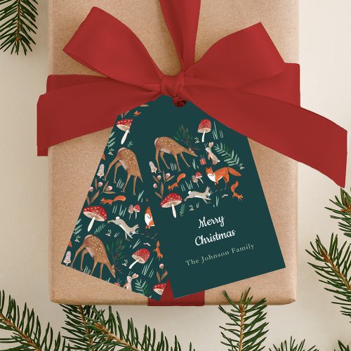 Woodland Animals Green Christmas Party Gift Tags