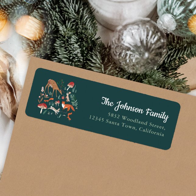 Woodland Animals Green Christmas Party Invitation Label (Woodland Animals Green Christmas Party Invitation Label)