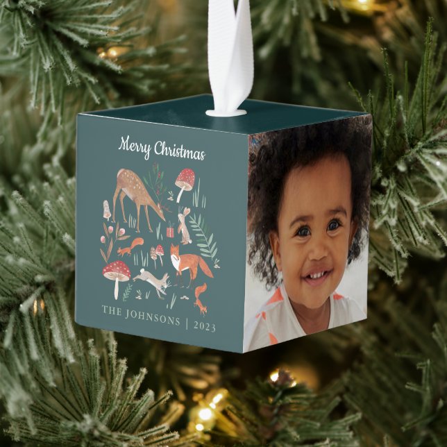 Woodland Animals Green Christmas Photo Cube Ornament (Tree)