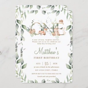 Woodland Animals Greenery 1st Birthday Boy Girl Invitation