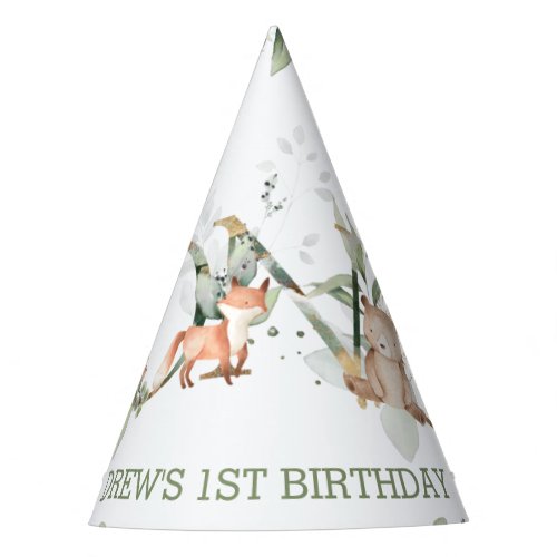 Woodland Animals Greenery 1st Birthday Boy Girl Party Hat