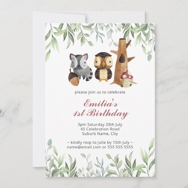 Woodland Animals Greenery 1st Birthday  Invitation (Front)