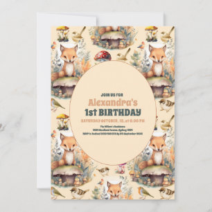 Woodland Animals Greenery 1st Birthday Invitation