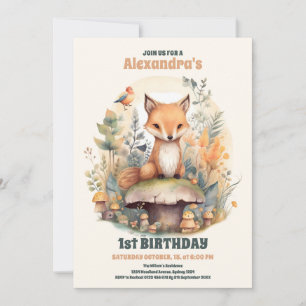 Woodland Animals Greenery 1st Birthday Invitation