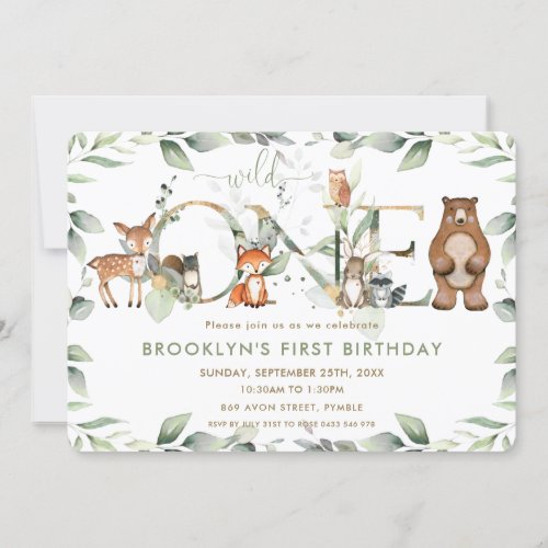 Woodland Animals Greenery 1st Birthday Wild One In Invitation