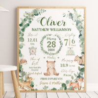 Woodland Animals Greenery Baby Birth Print Stats