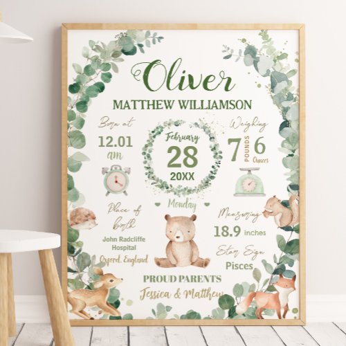 Woodland Animals Greenery Baby Birth Print Stats  