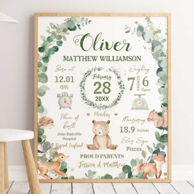 Woodland Animals Greenery Baby Birth Print Stats   (Creator Uploaded)