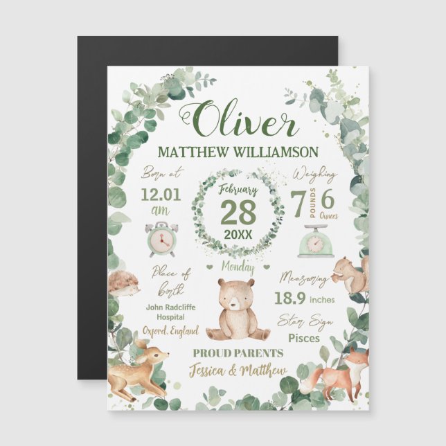 Woodland Animals Greenery Baby Birth Print Stats (Front/Back)