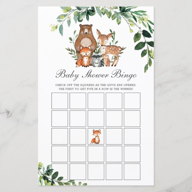 Woodland Animals Greenery Baby Shower Bingo Game (Front)