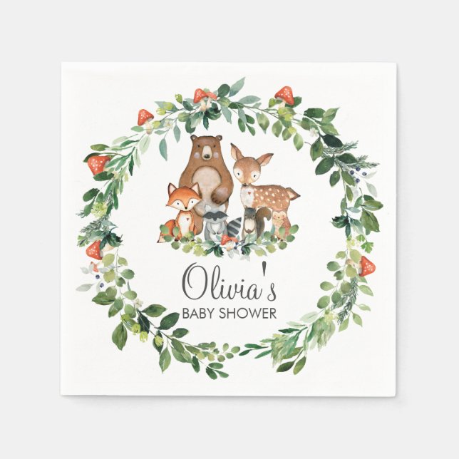 Woodland Animals Greenery Baby Shower Birthday Napkins (Front)