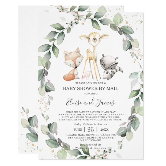 Woodland Animals Greenery Baby Shower by Mail Invitation