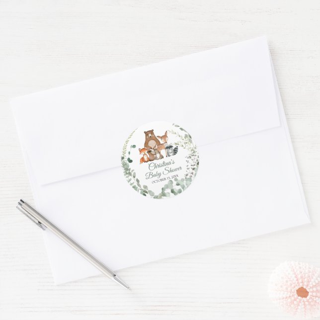 Woodland Animals Greenery Baby Shower Classic Round Sticker (Envelope)