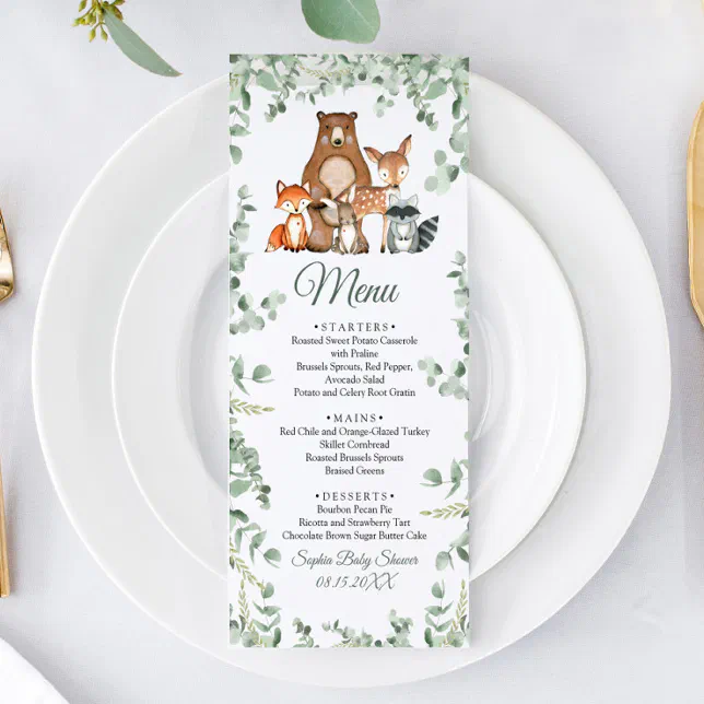 Woodland Animals Greenery Baby Shower Flat Menu | Zazzle