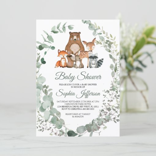 Woodland Animals Greenery Baby Shower Invitation | Zazzle