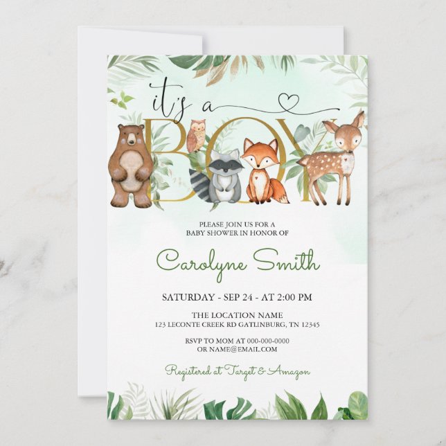 Woodland Animals Greenery Baby Shower Invitation (Front)