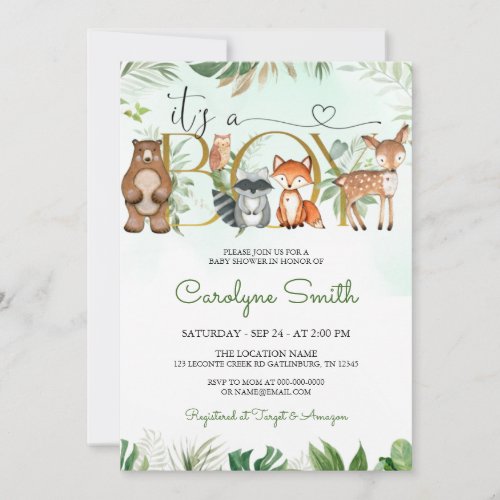 Woodland Animals Greenery Baby Shower Invitation