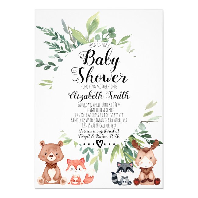 Woodland Animals Greenery Baby Shower Invitation
