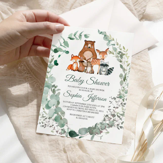 Woodland Animals Greenery Baby Shower Invitation 