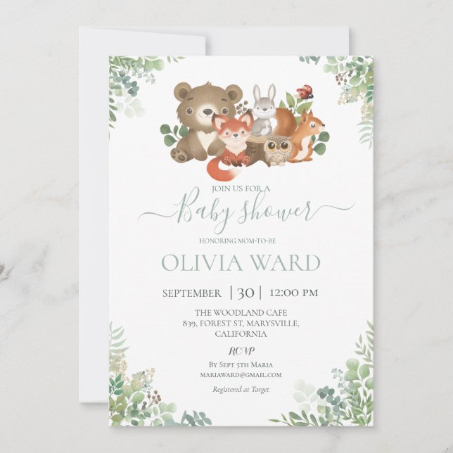 Woodland Animals Greenery Baby Shower Invitation (Front)