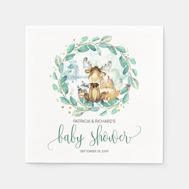 Woodland Animals Greenery Baby Shower Napkins (Front)